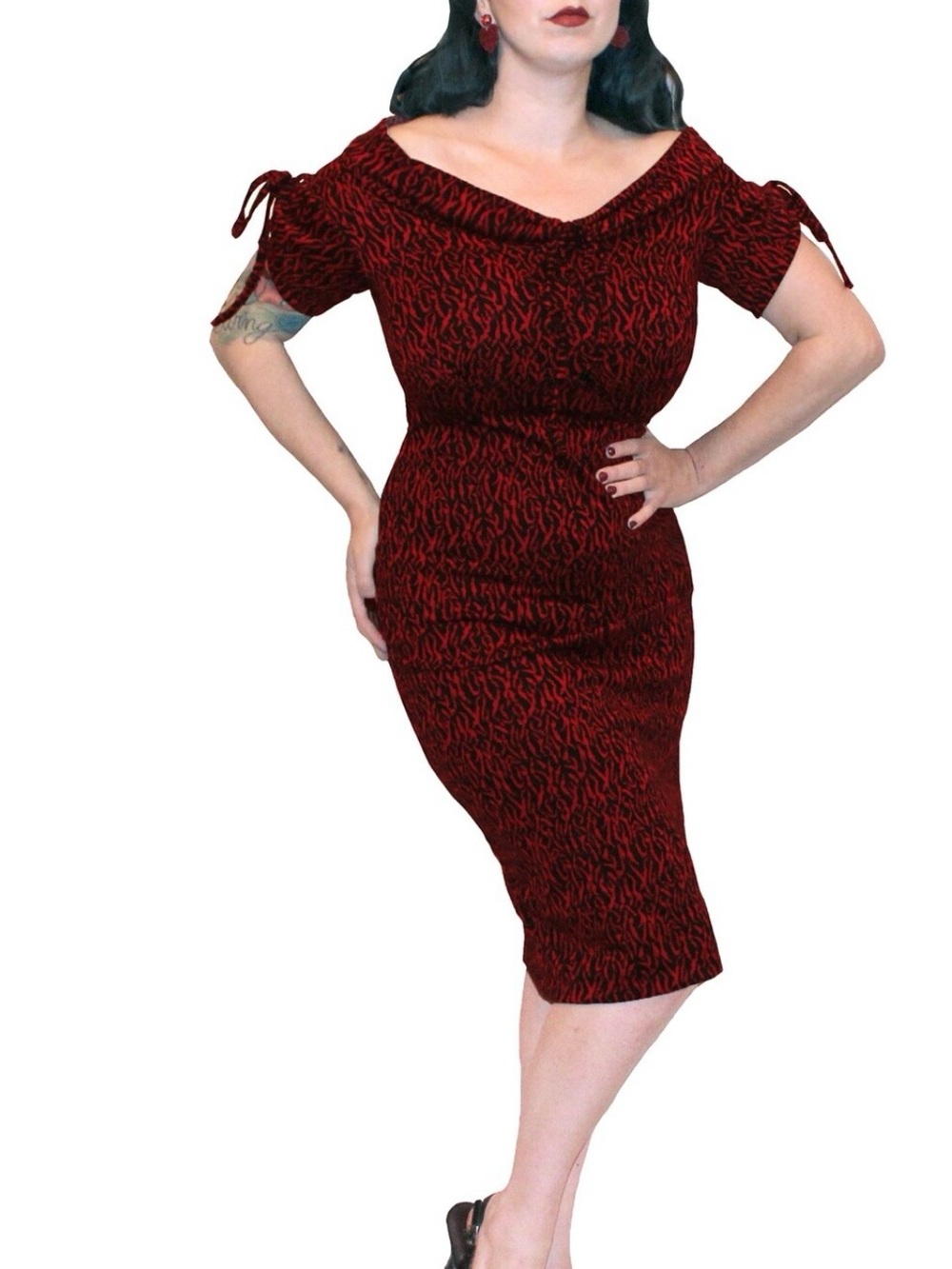 Vintage-Inspired Red Off-Shoulder Pencil Dress rollibeautyfield Mina dress